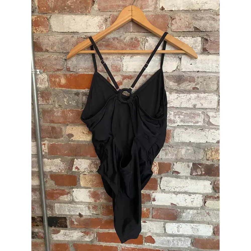 Black One-Piece Swimsuit Adjustable Cross-Back Straps Ring Detail Size L